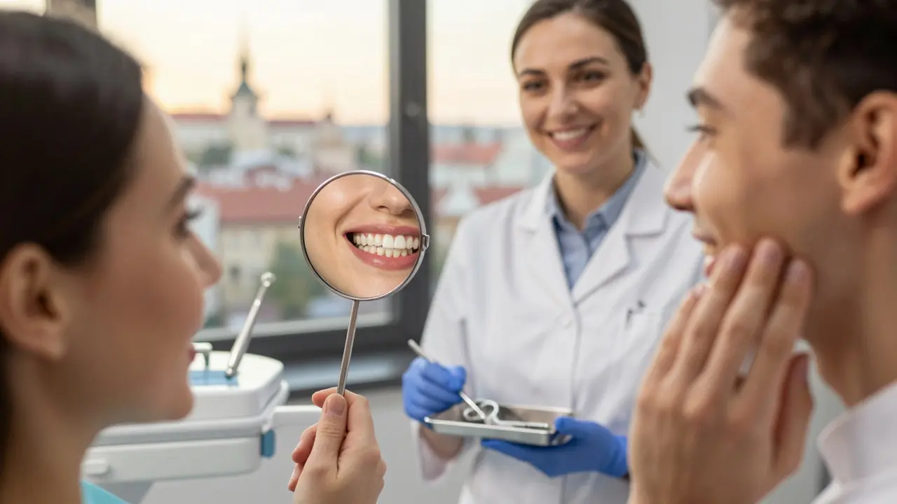 Pacient se usmívá do zrcadla, kde je vidět přirozeně vypadající keramická onlay na zadním zubu.