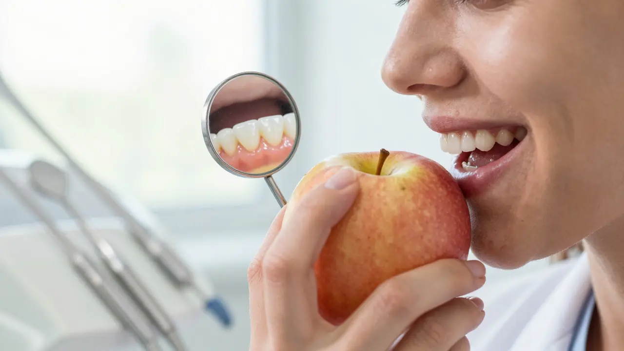 Pacient žvýkající jablko, s viditelnou keramickou onlay, která vypadá jako přirozený zub, v klinickém prostředí.
