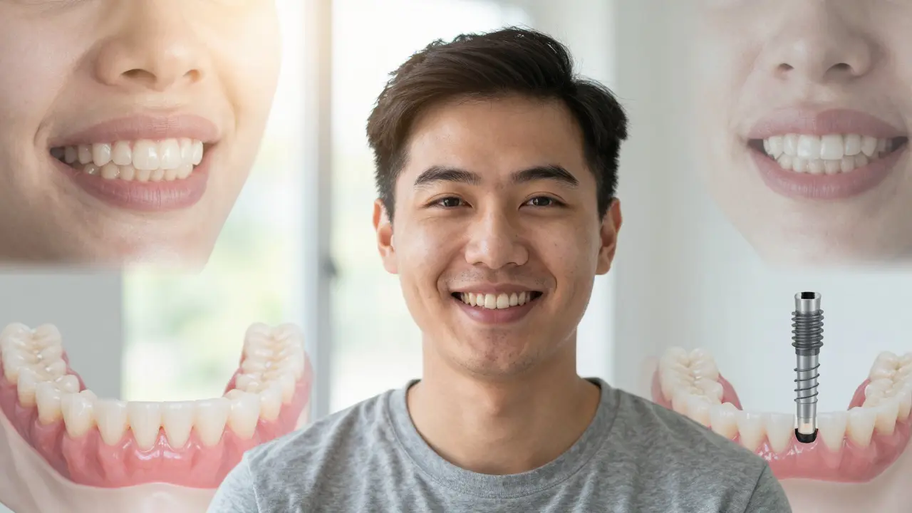 Patient with temporary denture waiting for dental implant, visualizing consequences of delay.