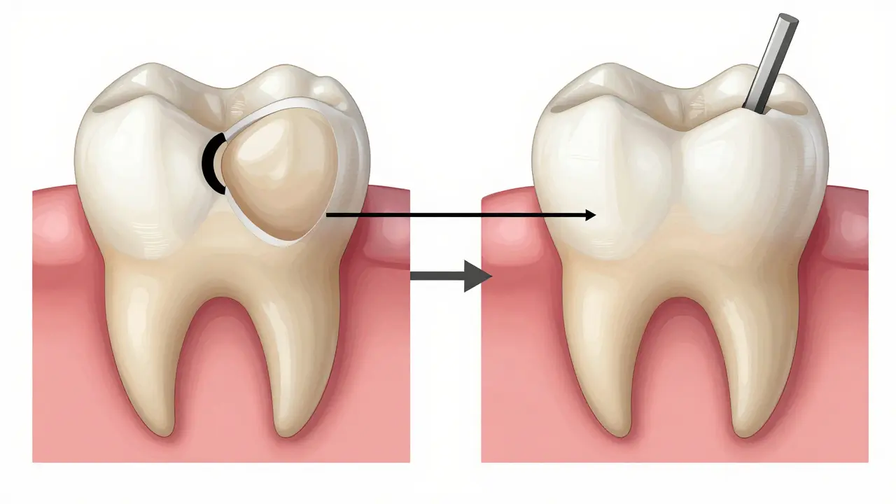 Porovnání poškozeného zubu s kompozitní plombou a stejného zubu s keramickou onlay, ukazující rozdíl v odstranění tkáně.