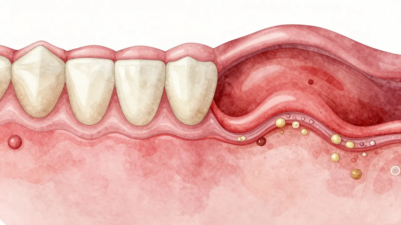 Porovnání zdravé a zánětlivé dásně s hromaděním zubního kamene pod dásní.