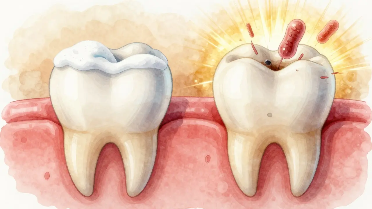 Porovnání zdravého zubu a zubu s počátečním kazem při působení sonického čištění.