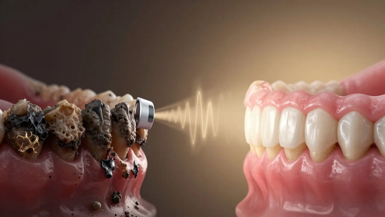 Před a po: tmavý zubní kámen a zánětlivé dásně na levé straně, čisté a světlé zuby na pravé straně s ultrazvukovou vlnou uprostřed.