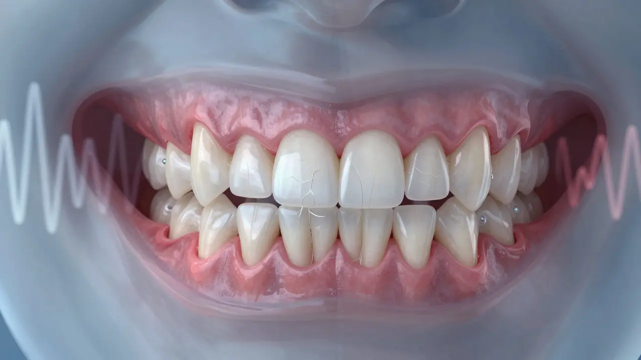 Průhledná ilustrace čelisti s nerovnoměrným rozložením tlaku na zuby a krvácením dásní.