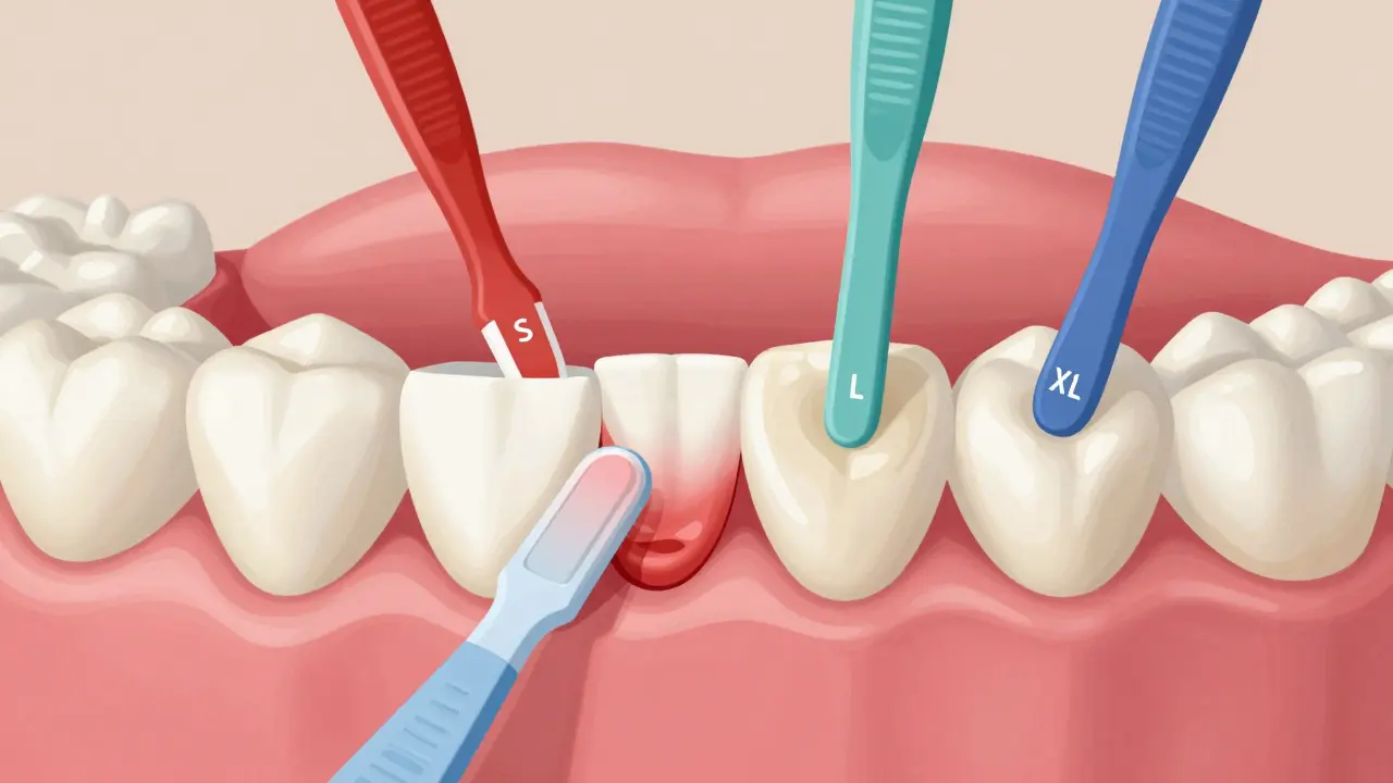 Průřez zubů s barevně označenými mezizubními kartáčky v různých velikostech.