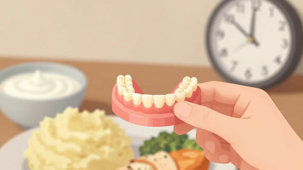 Ruka drží zubní protézu nad měkkými potravinami jako kaší a rybou.