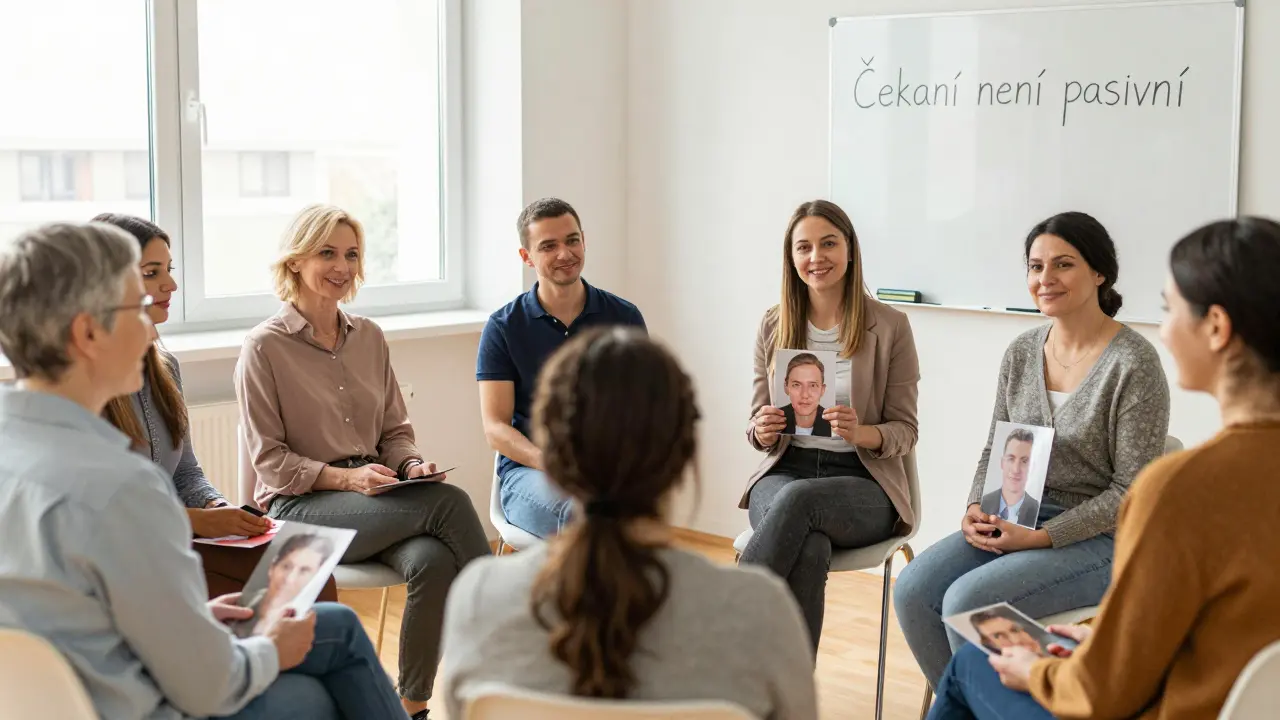 Skupina pacientů se setkává na podpůrné schůzce, sdílí příběhy a drží fotografie svých obličejů před operací.