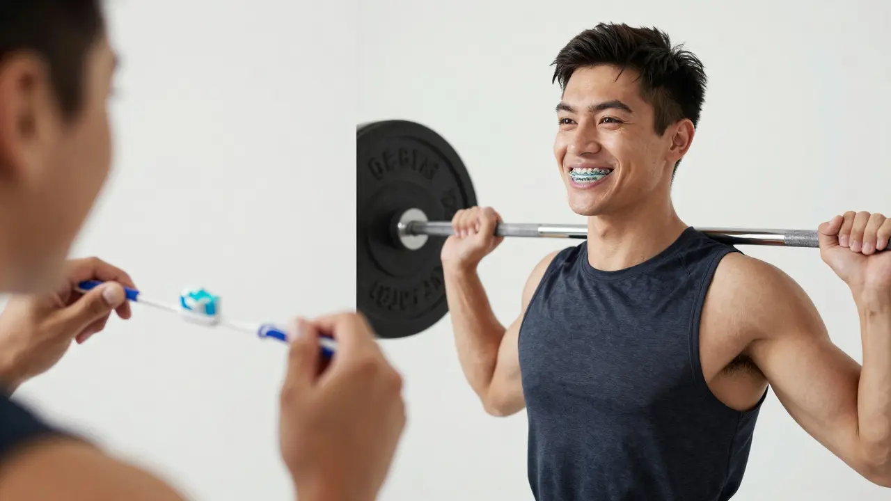 Split image: person brushing teeth after workout and lifting weights with braces.