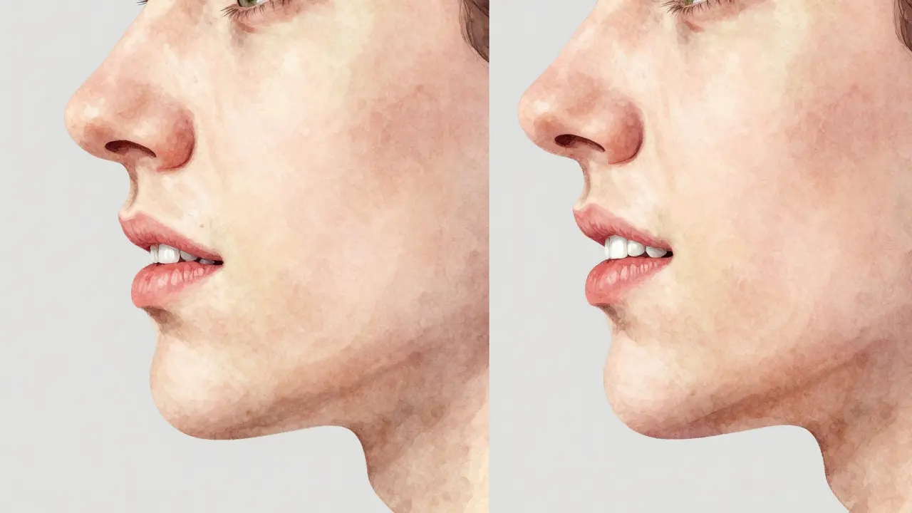 Stranový pohled na přechod od nesprávného uspořádání zubů k harmonickému profilu obličeje.