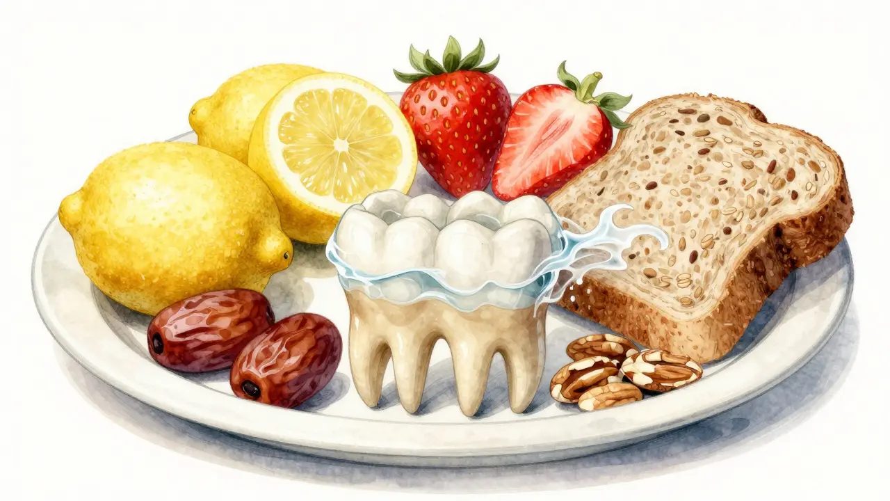 Vegetariánská strava s kyselými potravinami, které postupně erodují sklovinu zubů.