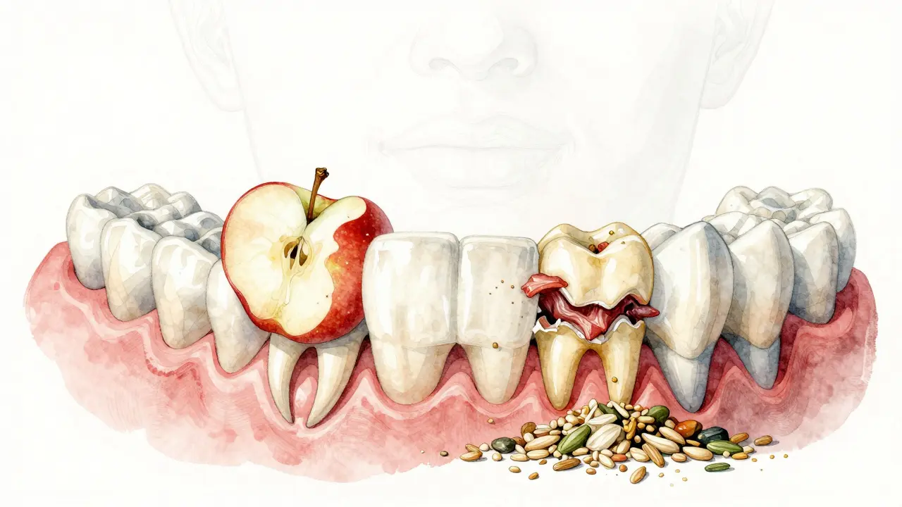 Vodové kresby zubů zpracovávajících potravu: řezáky řežou jablko, kličky trhají maso, moláry mlejí obilí.