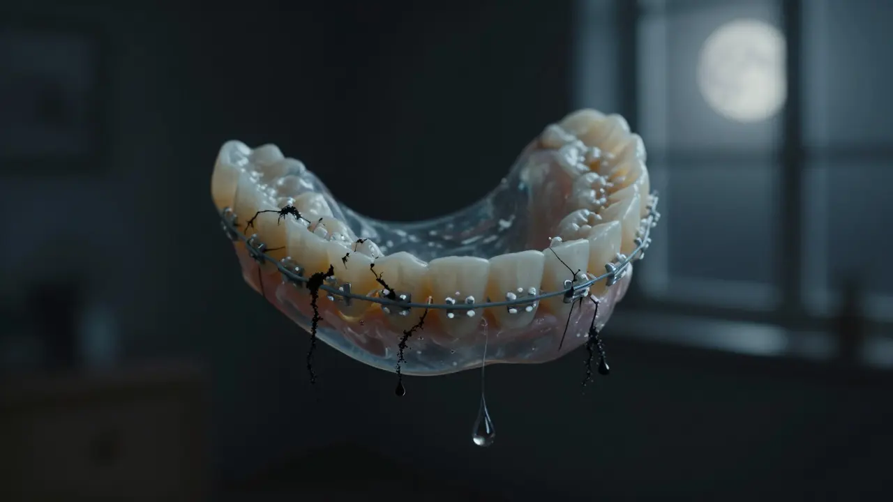 Znečištěná rovnátka se rozpadají a na nich roste plíseň v temnotě.