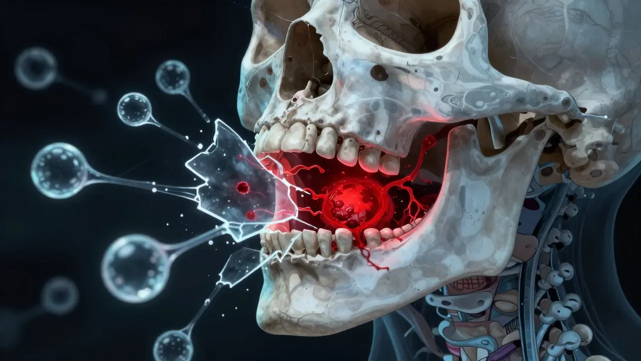 Zubní čelist s krevní sraženinou, kterou rozkládají molekuly alkoholu.