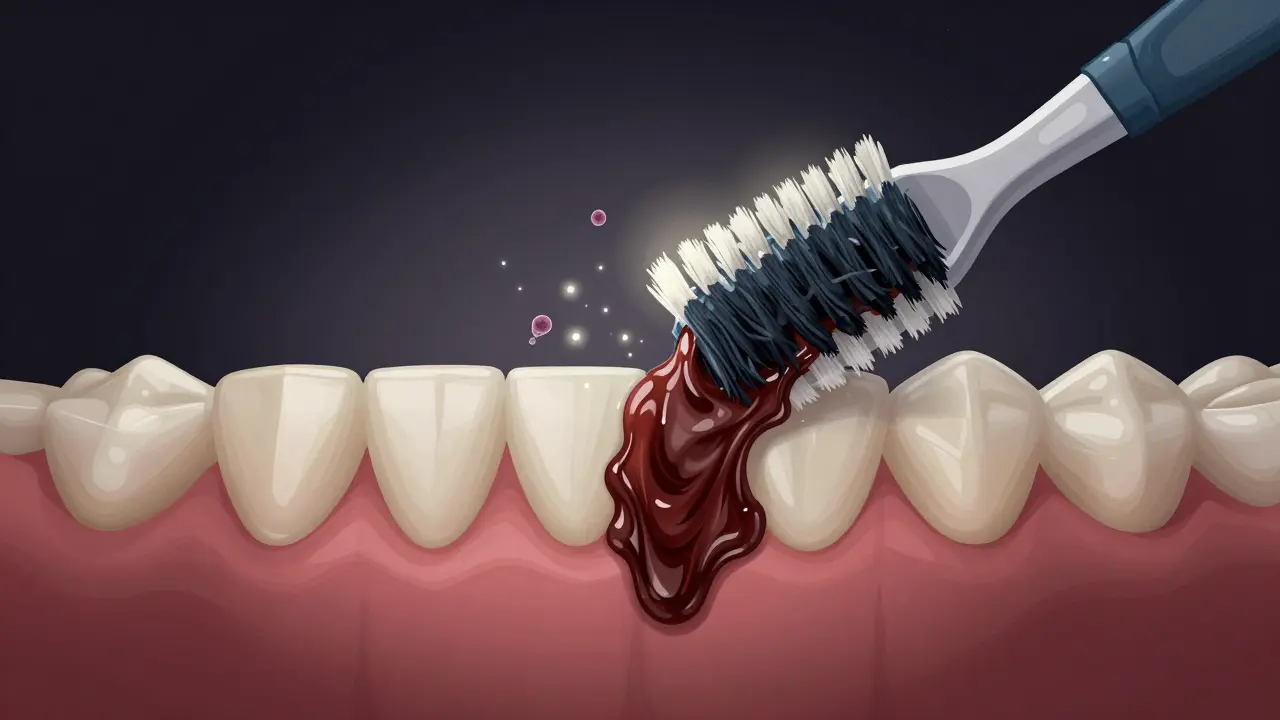 Zubní plak rozmačkaný do mezery mezi zuby štětcem, který už nečistí efektivně.