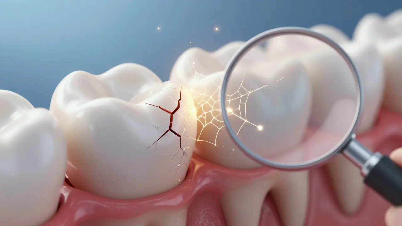 Zvětšený pohled na mikroprasklinu v zubní sklovině s regenerujícími krystaly.