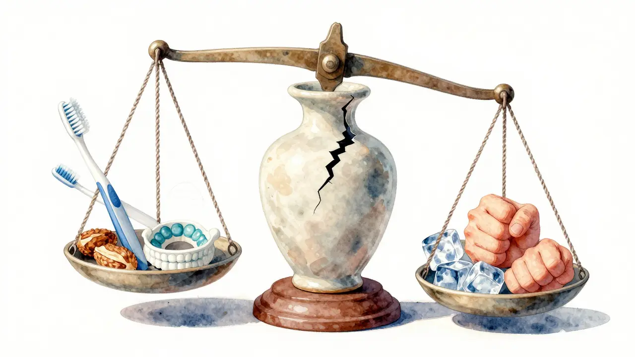 A ceramic crown as a vase on a scale, balancing daily care against habits that damage it.