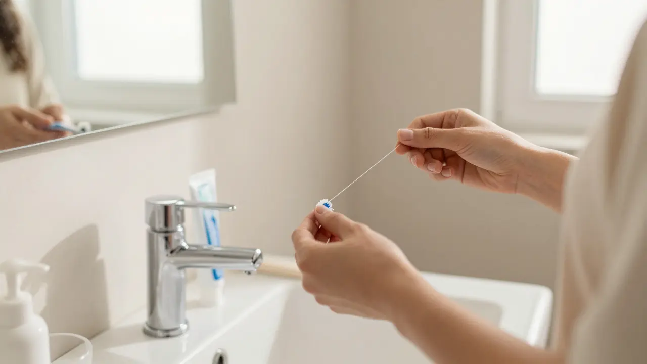 Čištění mezizubních prostor nití v koupelně