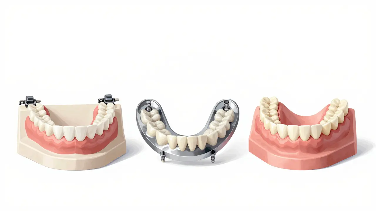 Comparison of three dental prosthesis types: acrylic, metal-framework, and implant-supported.