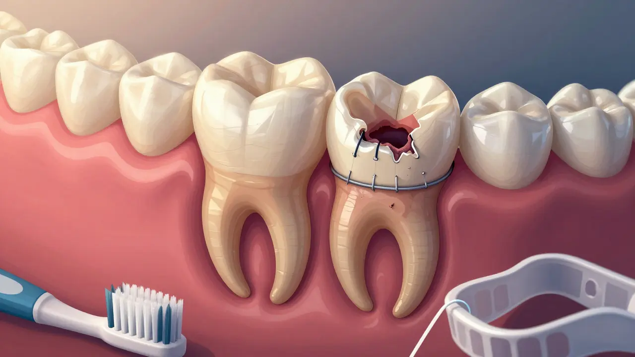 Cross-section of a ceramic dental crown showing healthy integration on one side and decay underneath on the other.