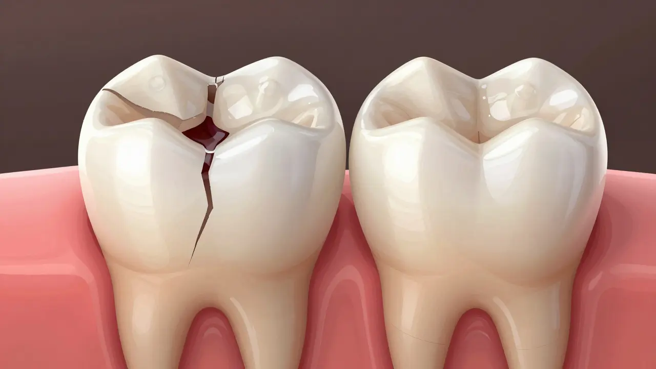 Cross-section of a tooth showing decay versus restored composite filling.