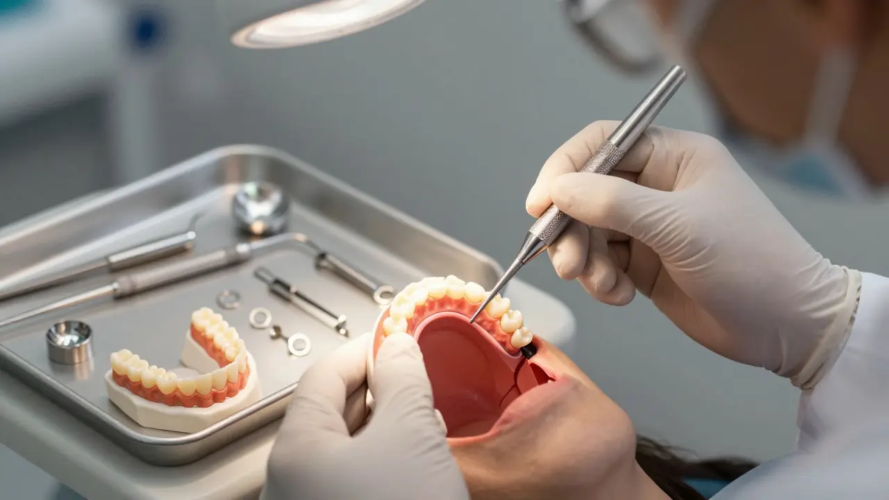 Dentist placing a custom dental bridge in a patient's mouth with tools and materials visible.