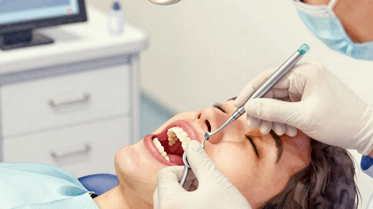 Dentista aplikuje keramický laminát na zub