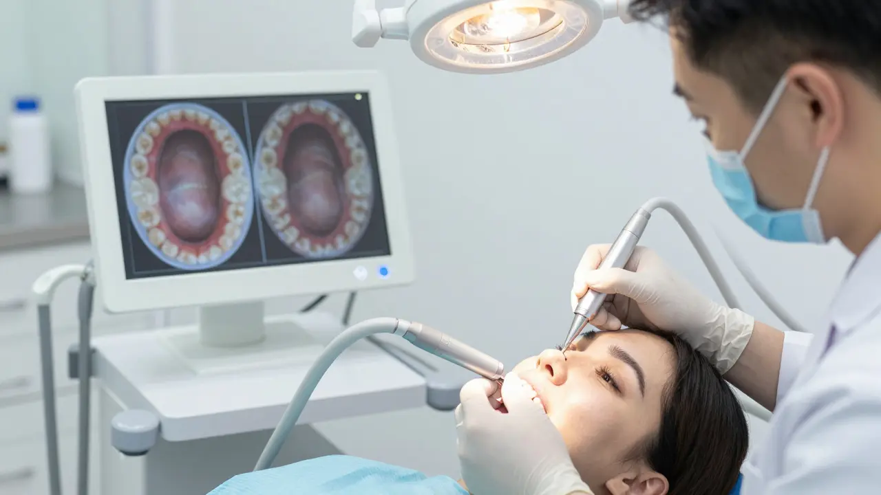 Dentista připevňuje keramickou fazetu na zub v moderní stomatologické klinice.