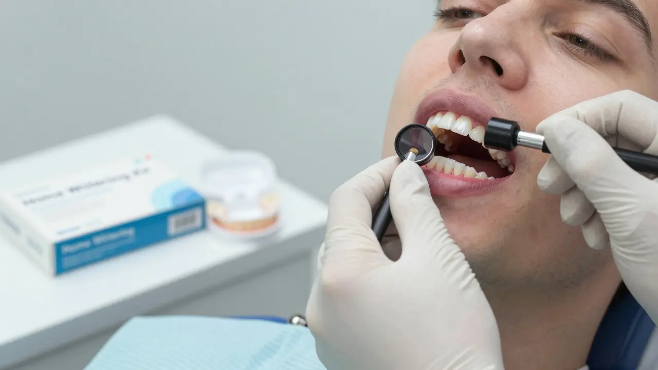 Dentista prohlíží pacientovy zuby, které mají různé odstíny – běléné a neběléné plomby.