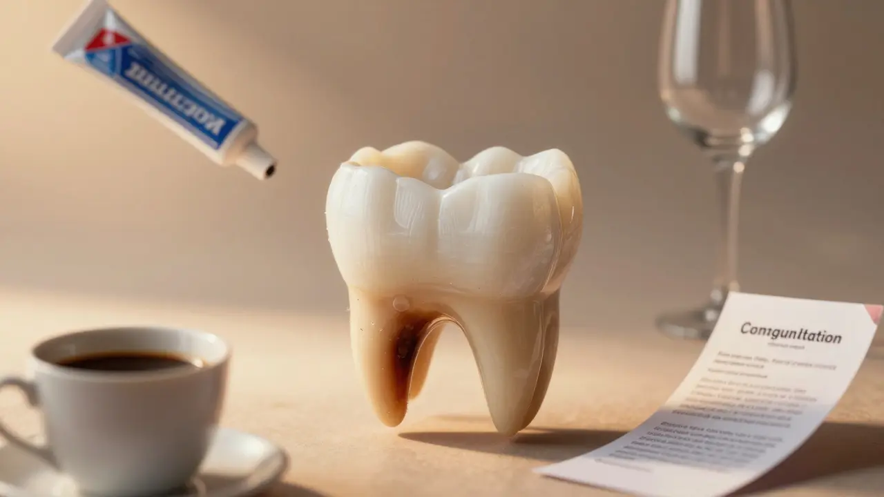 Dva zuby vedle sebe — přirozený tmavý a bílá fazeta — s výčtem zakázaných potravin a nápojů kolem nich.