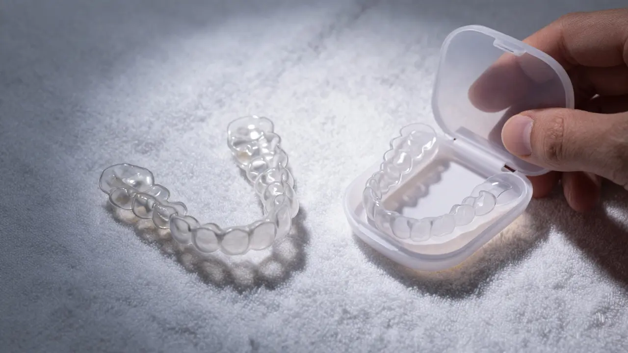 Dvě neviditelná rovnátka: jedno čisté a jedno poškozené, vedle sebe.