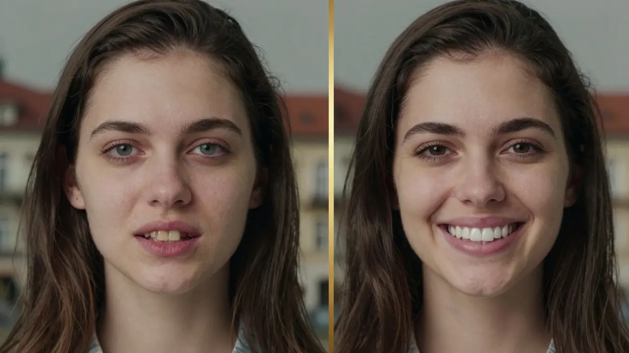 Dvě ženy vedle sebe: jedna s křivými zuby, druhá s dokonalými fazetami.