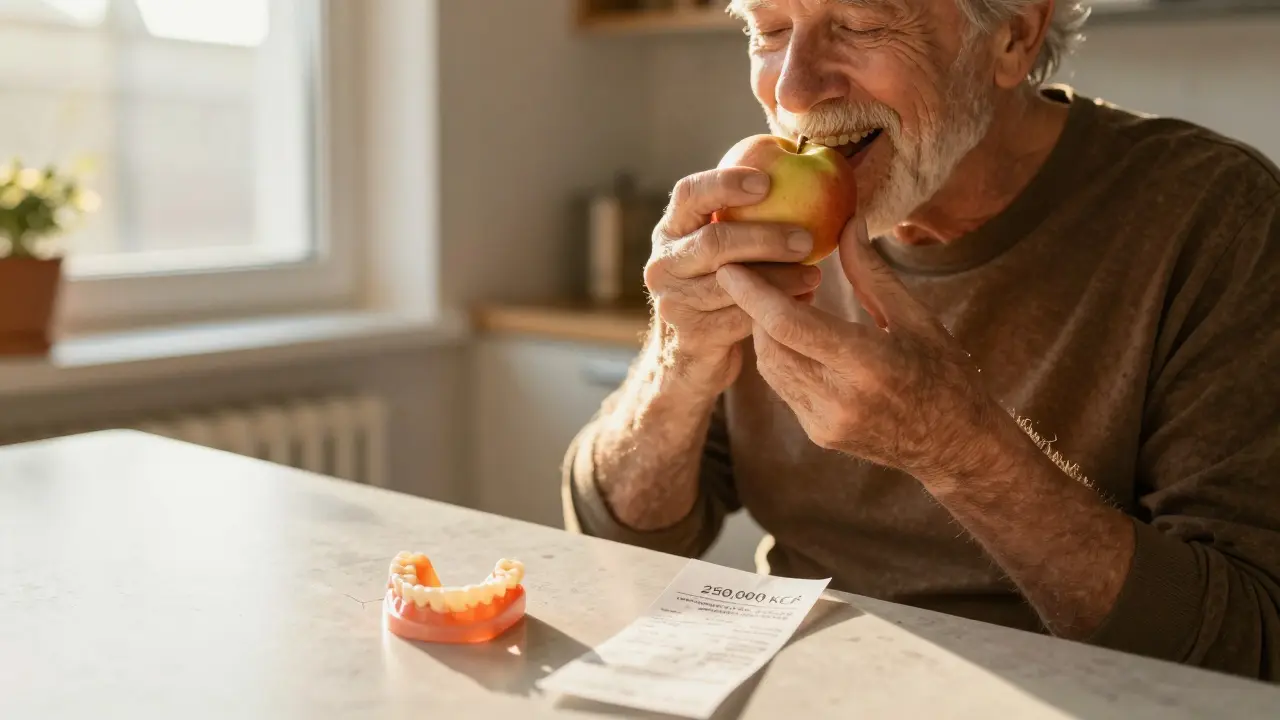 Elderly man eating an apple with implant-supported denture, beside discarded cheap denture.