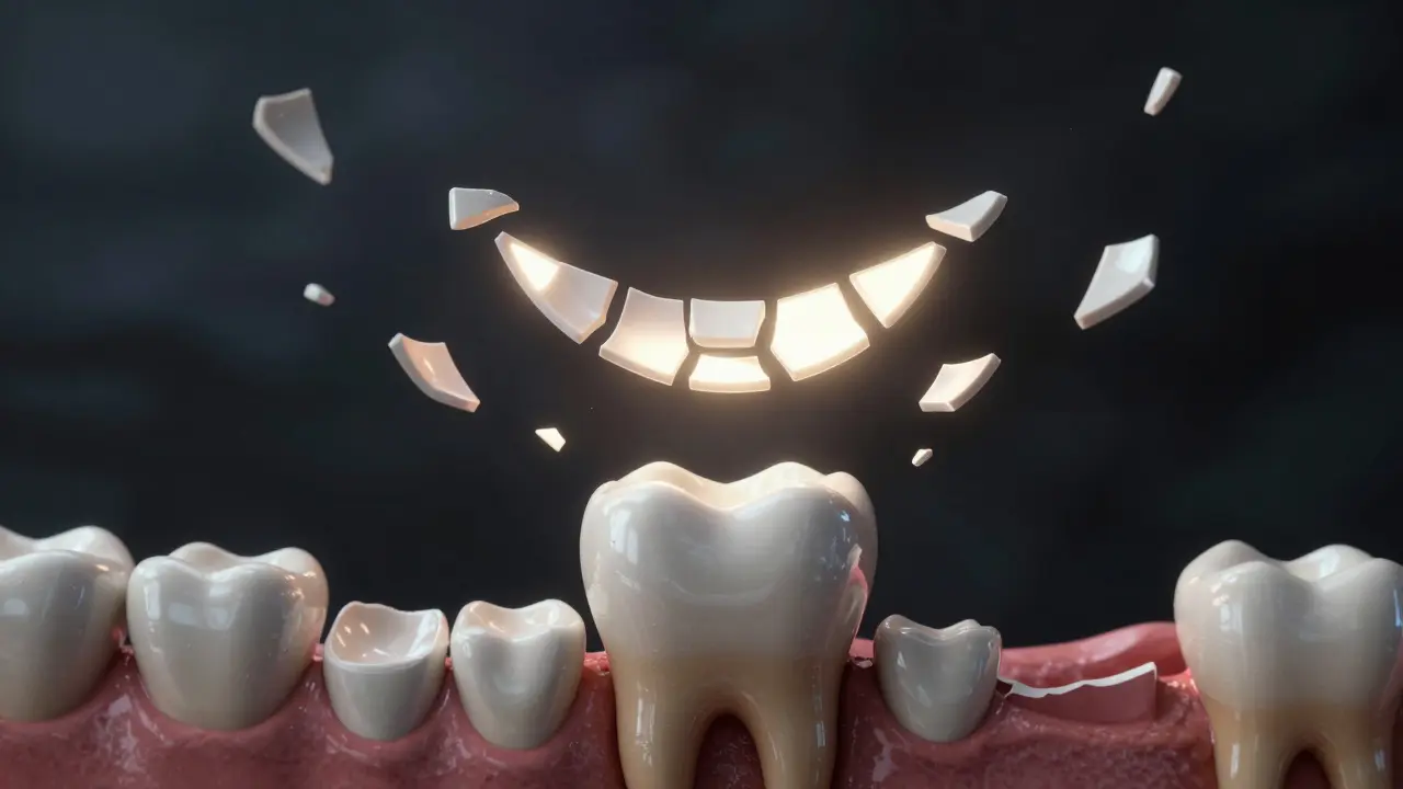 Floating ceramic veneers above a diminished tooth root, symbolizing irreversible enamel removal.
