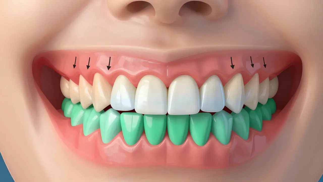 Ilustrace čelisti s 32 trvalými zuby, každý typ barevně kódovaný a uspořádaný podle polohy.