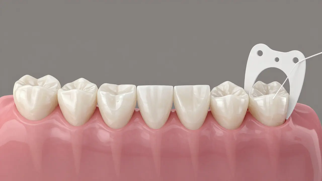 Lifecycle of a dental bridge from preparation to maintenance with flossing under the prosthesis.