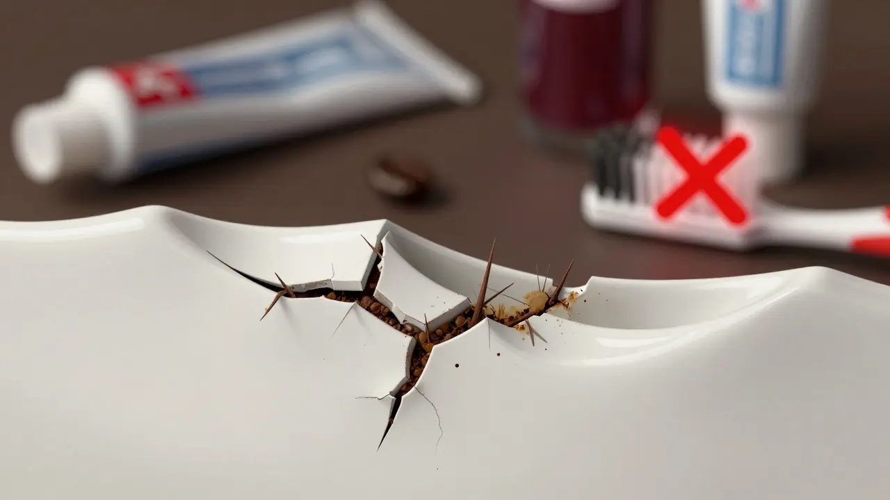 Mikroskopické poškození keramické fazety vstřebávající barviva z kávy a čaje, s abrazivním kartáčkem v pozadí.