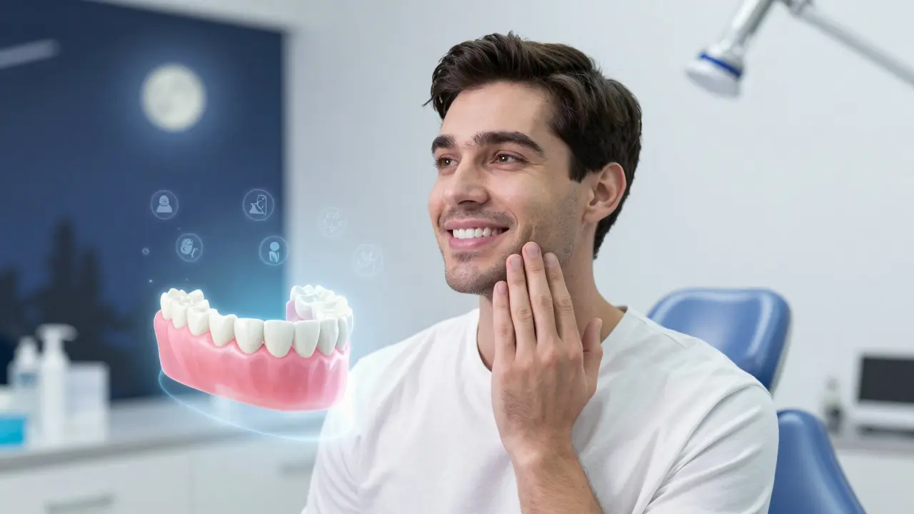 Muž v klinice s třemi transparentními 3D modely jeho obnovené čelisti a otevřeného dýchacího traktu.