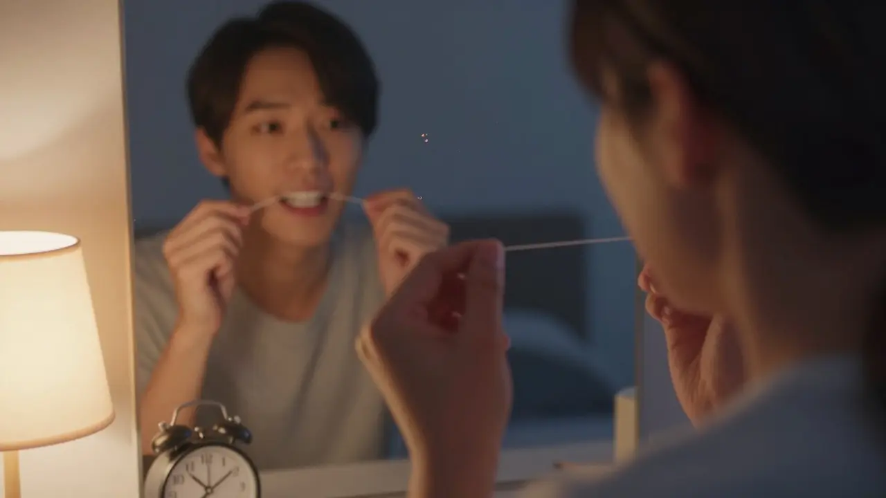 Osoba používá zubní nit večer v koupelně s odrážejícím zrcadlem