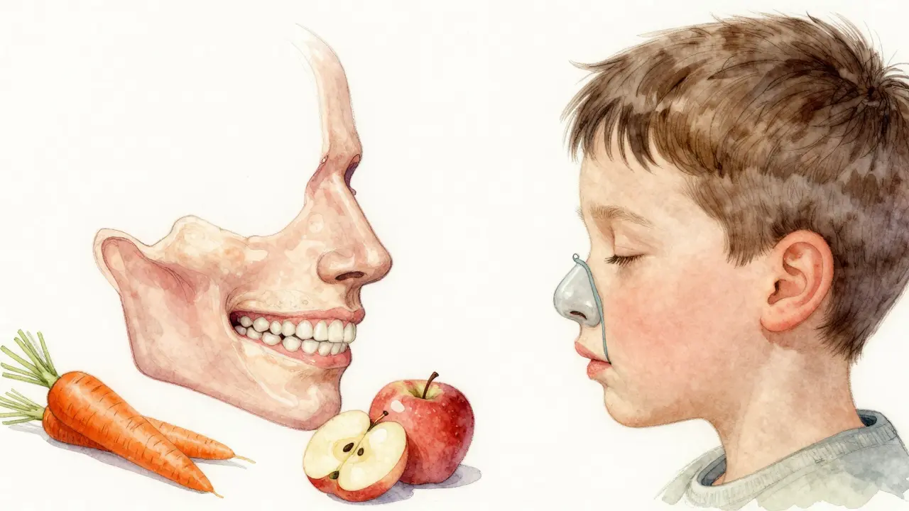 Porovnání široké a úzké čelisti s přirozenými potravinami, ukazující vliv výživy na vývoj obličeje.