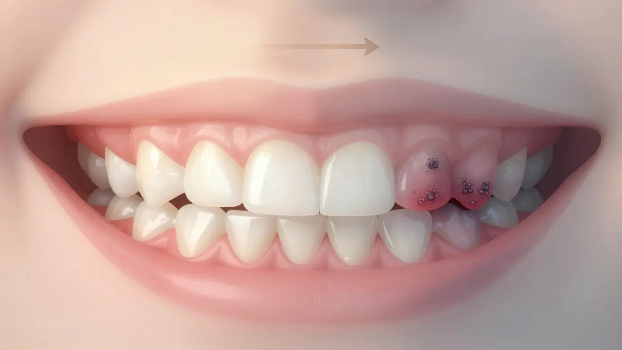 Porovnání zdravých a postižených zubů s kamenem a bakteriemi