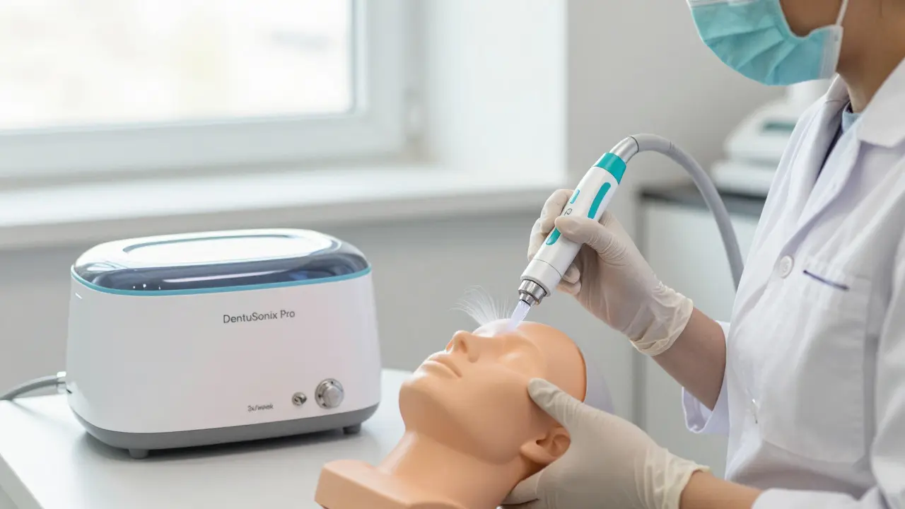 Porovnání zubařského čištění a domácího ultrazvukového čističe na manekýně a zařízení.