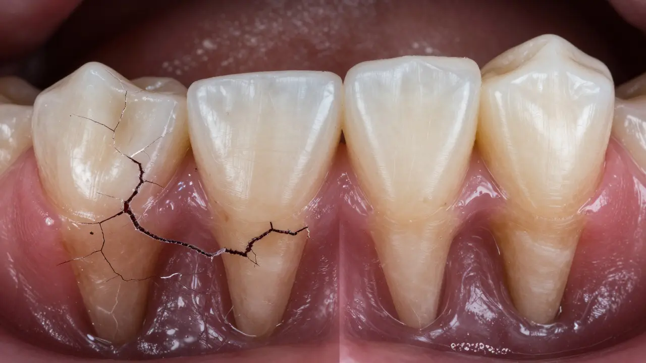 Před a po: kámen pod dásní versus čisté, zdravé zuby po profesionální úpravě.