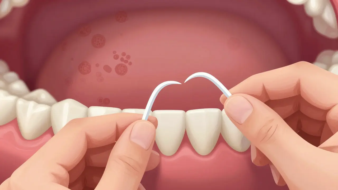 Přesný postup čištění zubní nití mezi zuby.