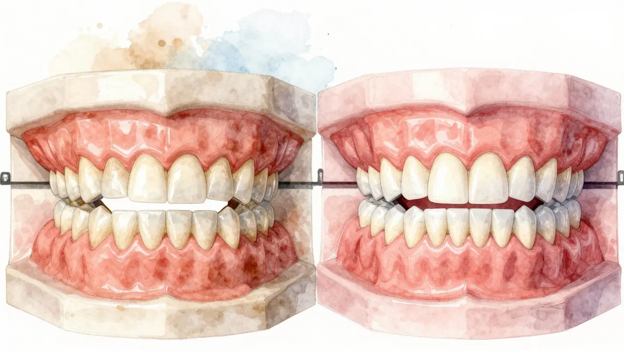 Side-by-side comparison of natural teeth and teeth after veneers with soft watercolor style.