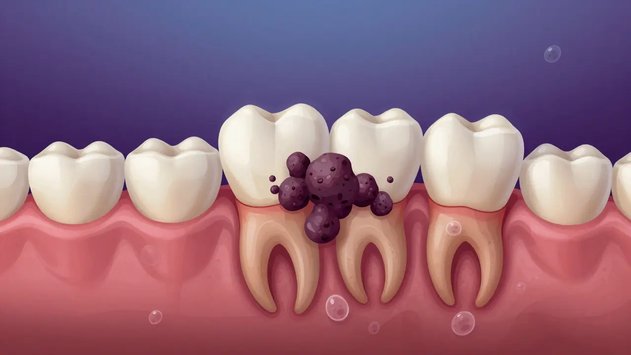 Skrytý zubní kámen a zánětlivé dásně pod povrchem, symbolizující neviditelnou hrozbu pro zuby.
