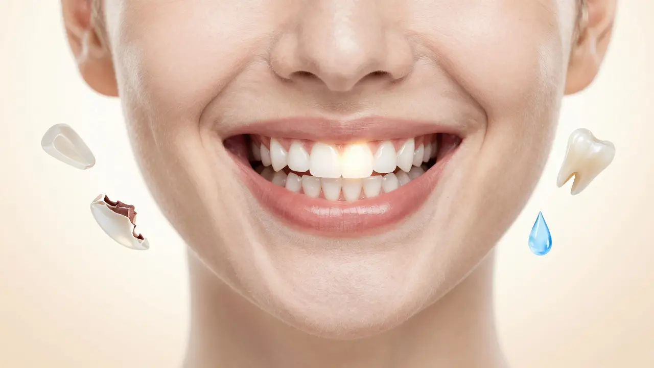 Smiling person with one glowing restored tooth among natural teeth.