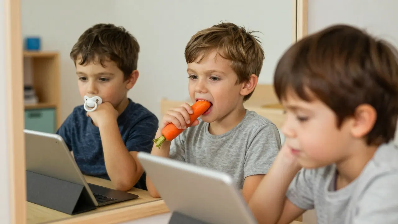 Tři děti s běžnými návyky: brčko, žvýkání na jedné straně, tablet — jejich čelisti se v zrcadle zkreslují.