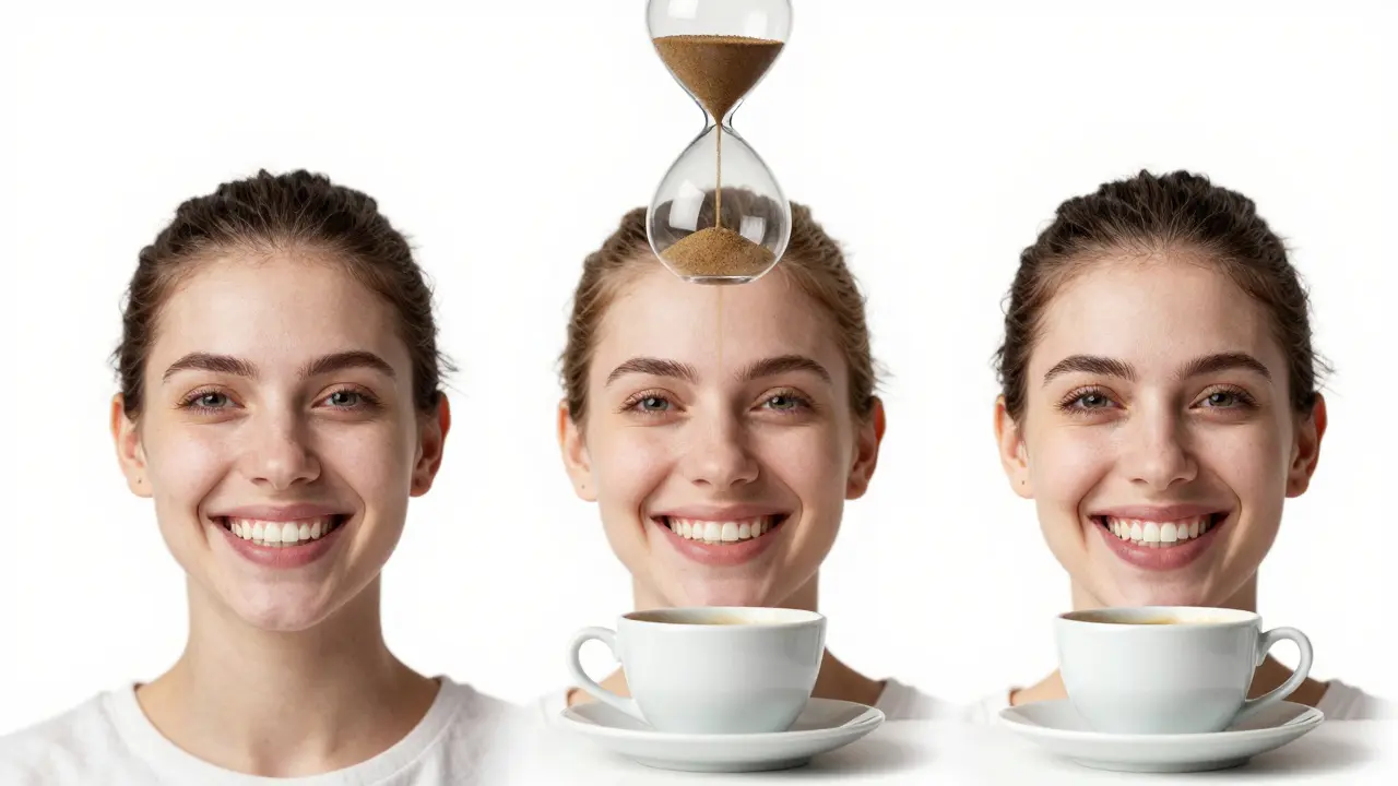 Tři postupné úsměvy ukazující změnu barvy zubů po bělení a následném návratu tmavší barvy.