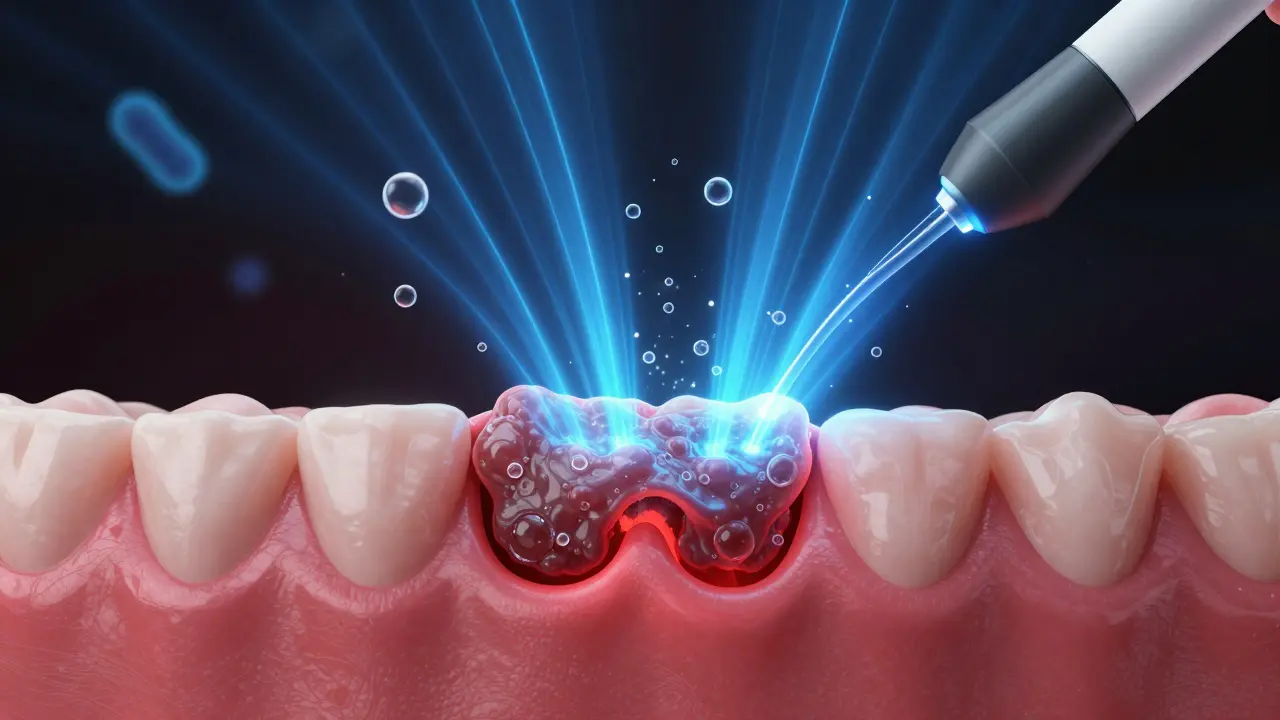 Ultrazvukové vlny ničí zubní kámen pod dásněmi, zánět zmizí a dásně se uzdravují.