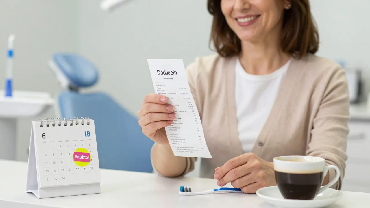 Žena drží účtenku z dentální hygieny s kalendářem, který ukazuje využitou službu, v pozadí klinika.
